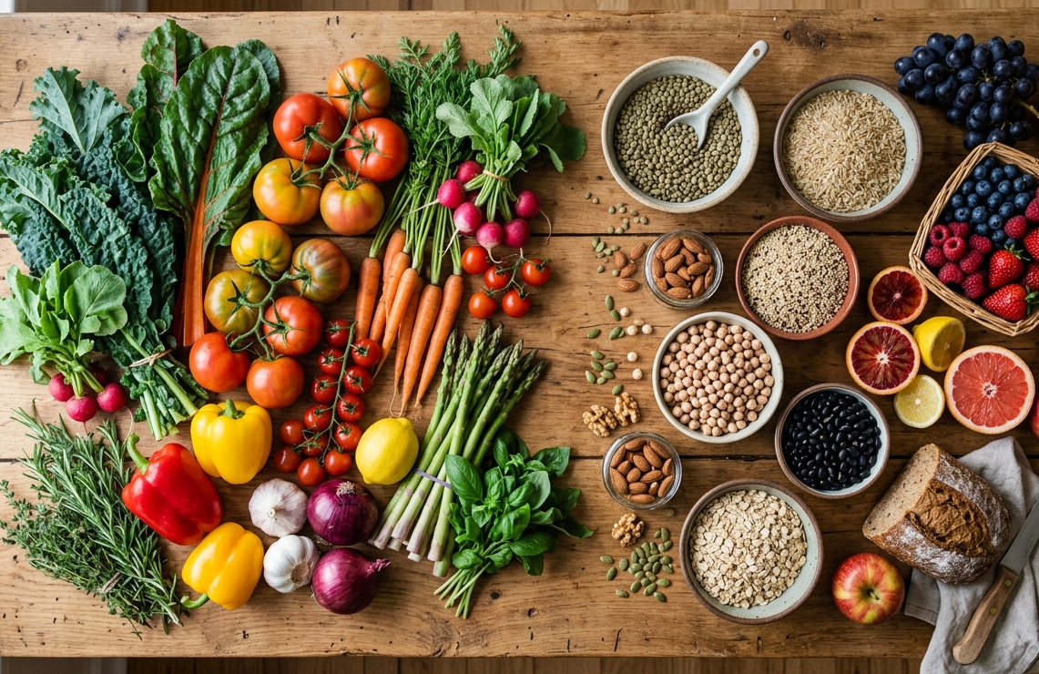 Alimentos dieta DASH: verduras, frutas, cereales integrales y legumbres