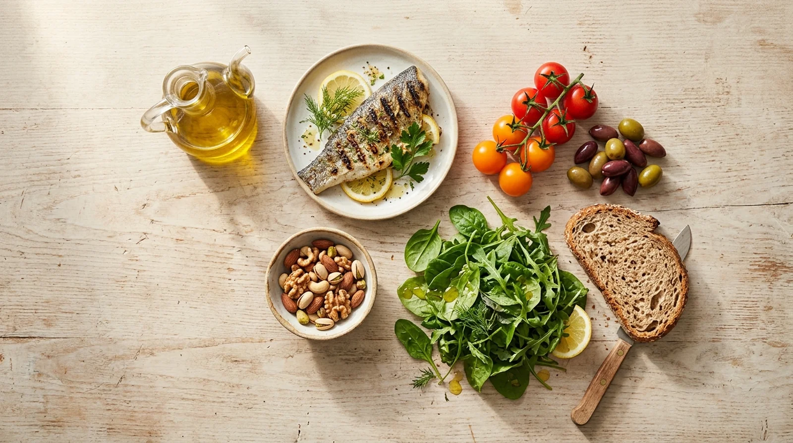 Mesa con alimentos propios de la dieta mediterránea: aceite de oliva, pescado, verduras y frutos secos