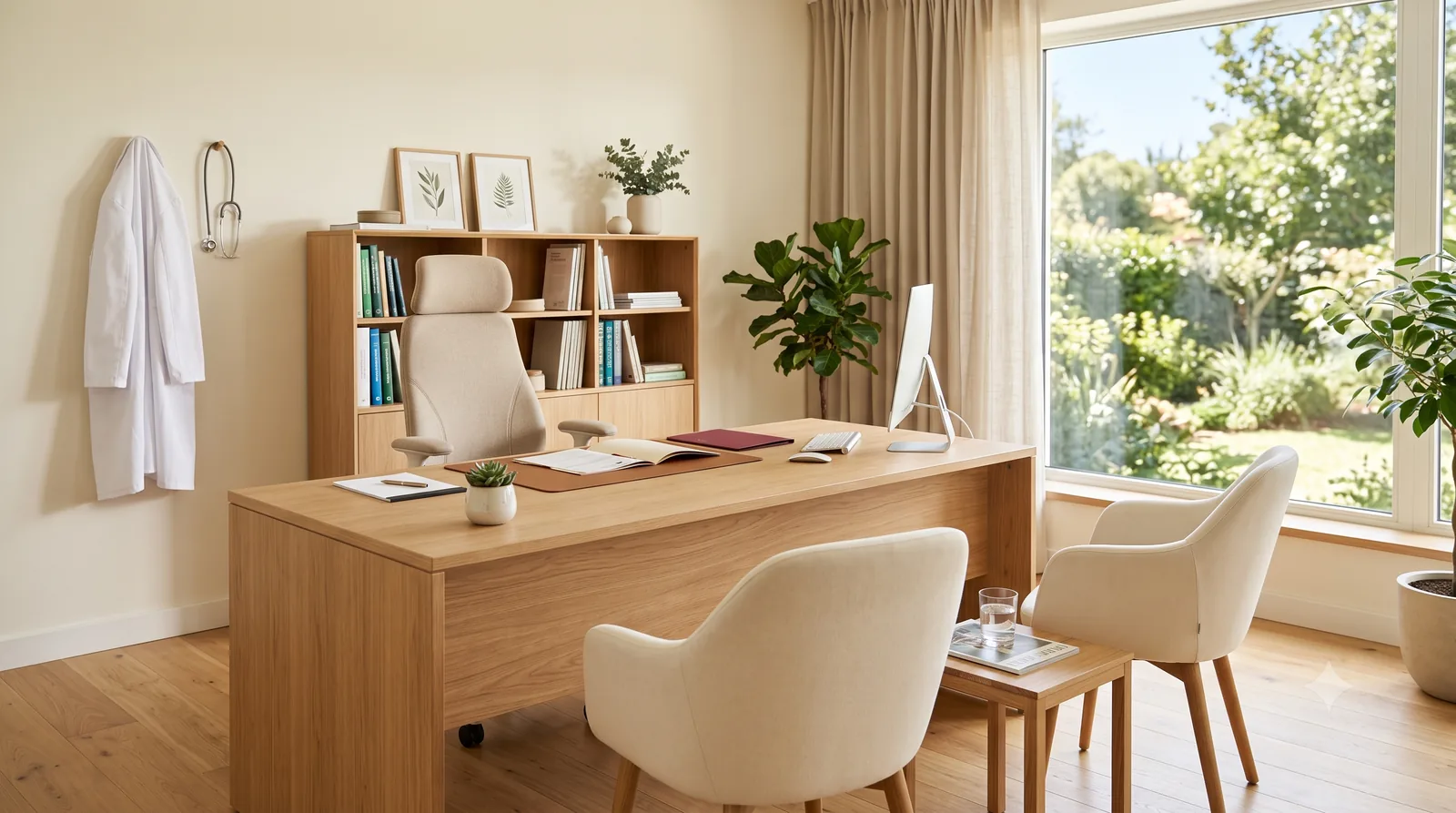 Consulta médica con luz natural, dos sillas frente a una mesa de despacho